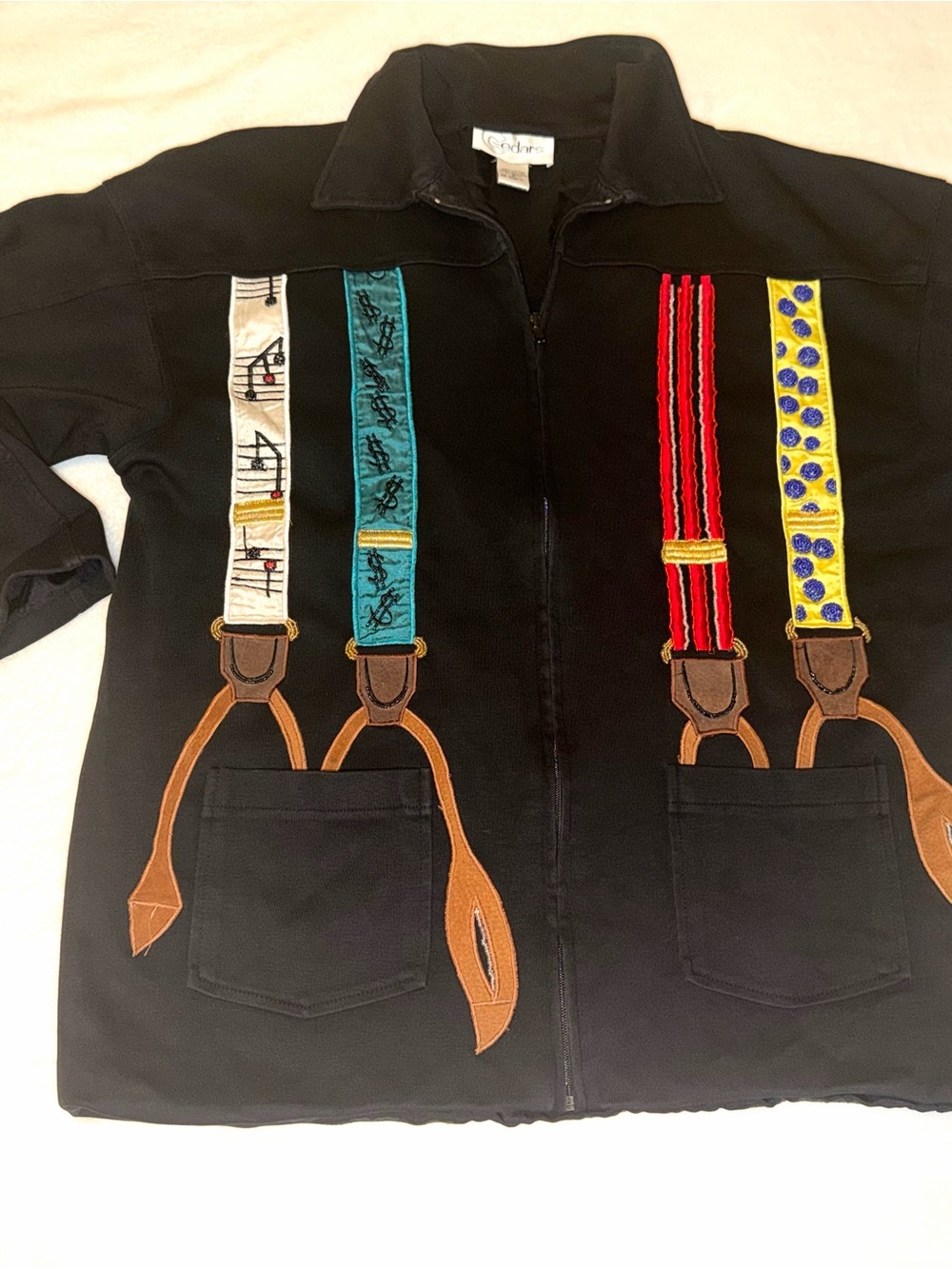 Vintage “Cedars” art-wear jacket with embroidered Suspenders sz SM